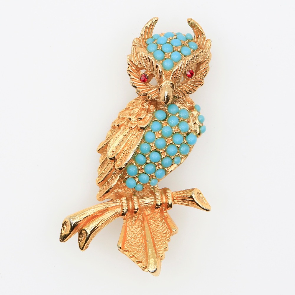 Vintage Owl Brooch Turquoise Red Rhinestone Textured Gold Tone Marked 9926 1950s